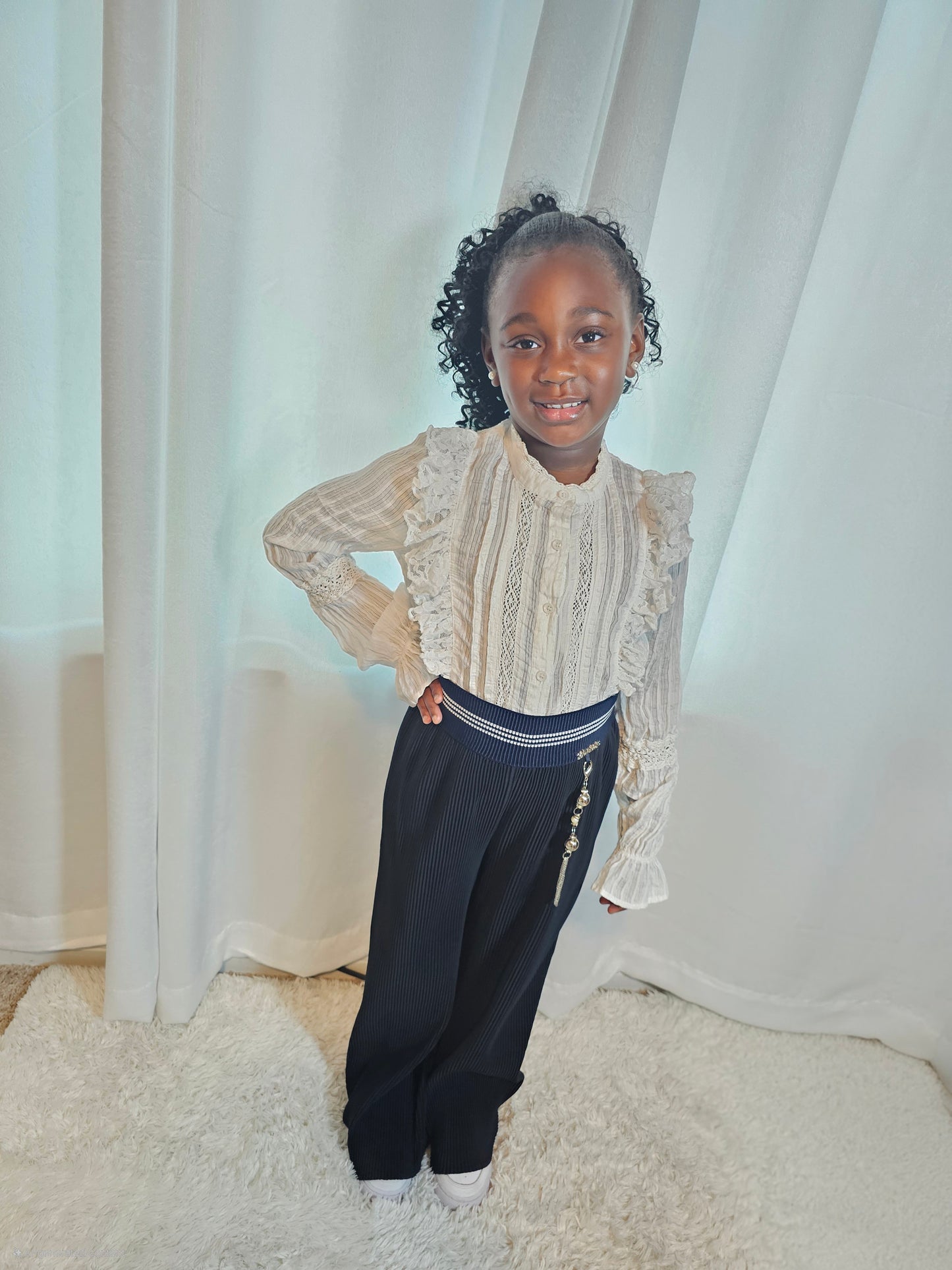 Elegant Ruffle Lace Blouse & Chic Navy Wide-Leg Pants Set