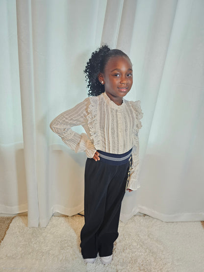 Elegant Ruffle Lace Blouse & Chic Navy Wide-Leg Pants Set