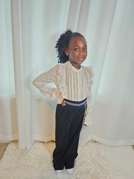 Elegant Ruffle Lace Blouse & Chic Navy Wide-Leg Pants Set